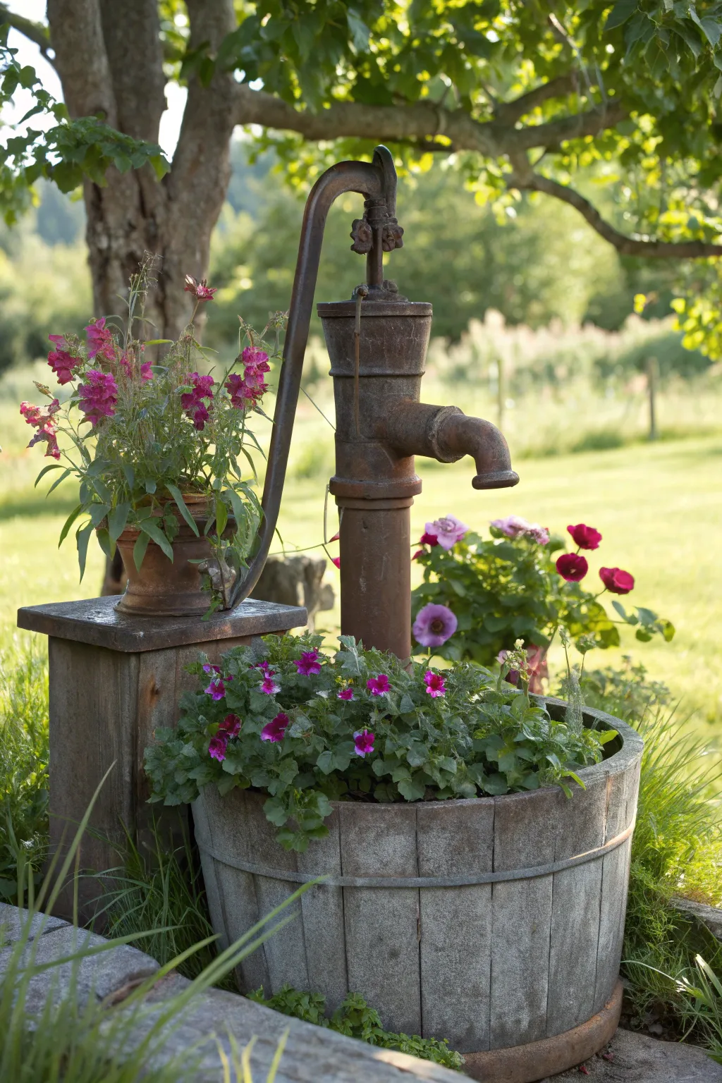 Transform tradition into creativity: A vintage water pump brings a vertical flourish to your garden.