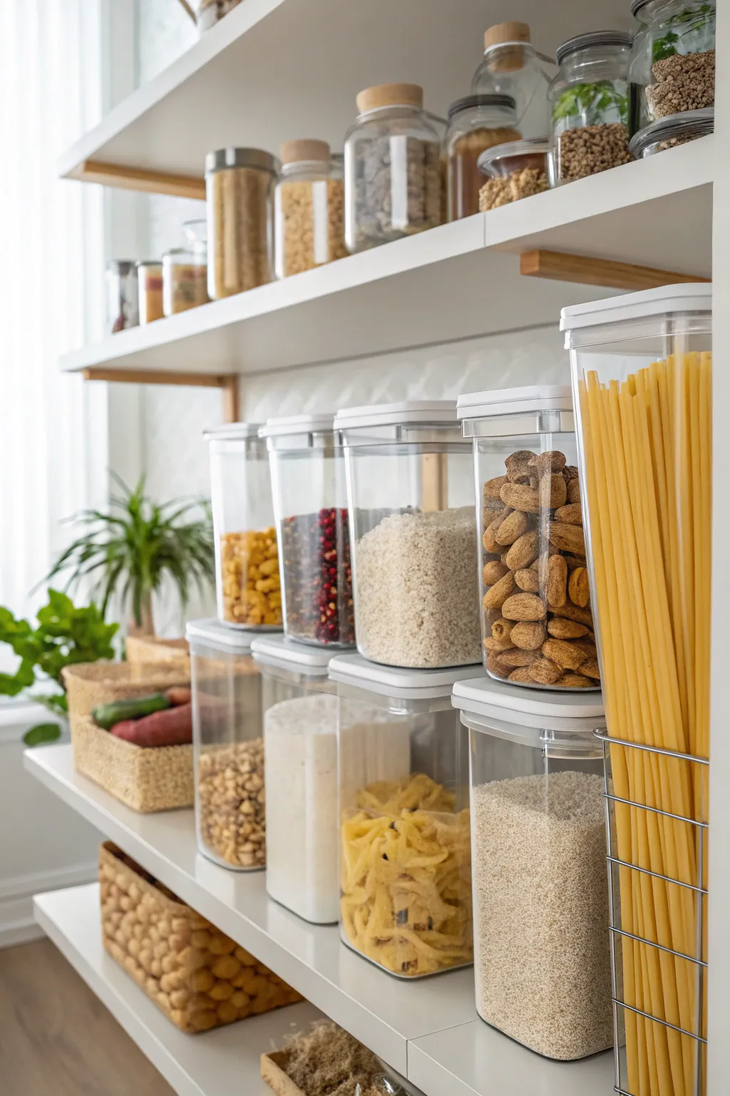 A pantry organized with clear containers for easy access