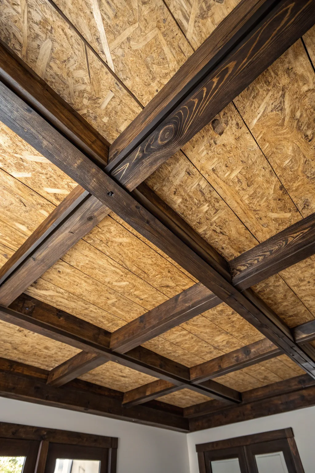 Elevate your space with the perfect blend of industrial charm and craftsmanship: OSB panels and exposed beams.