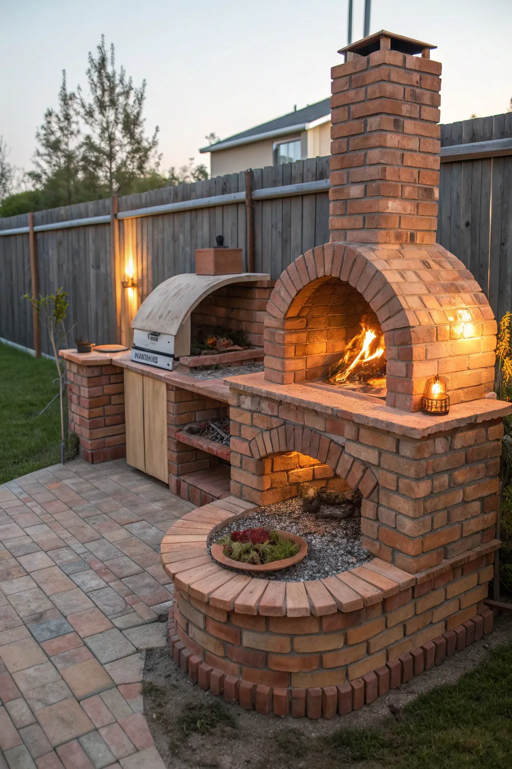 Craft your perfect outdoor evening with this stunning brick BBQ and firepit combination.