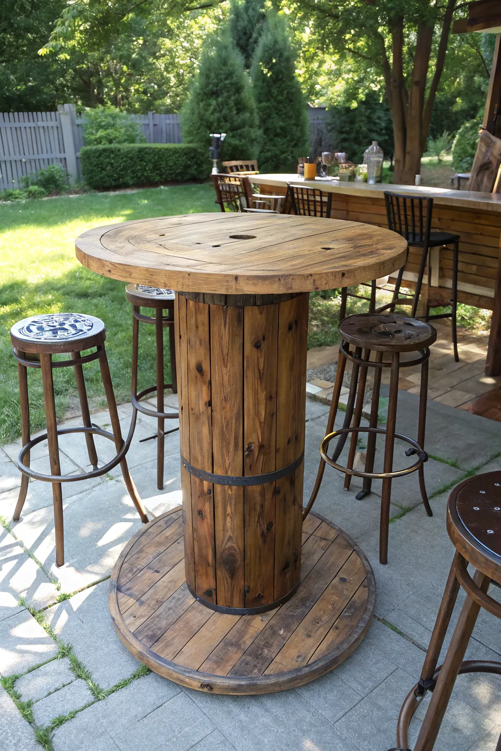 Elevate your backyard gatherings with a handcrafted cable spool bar table.