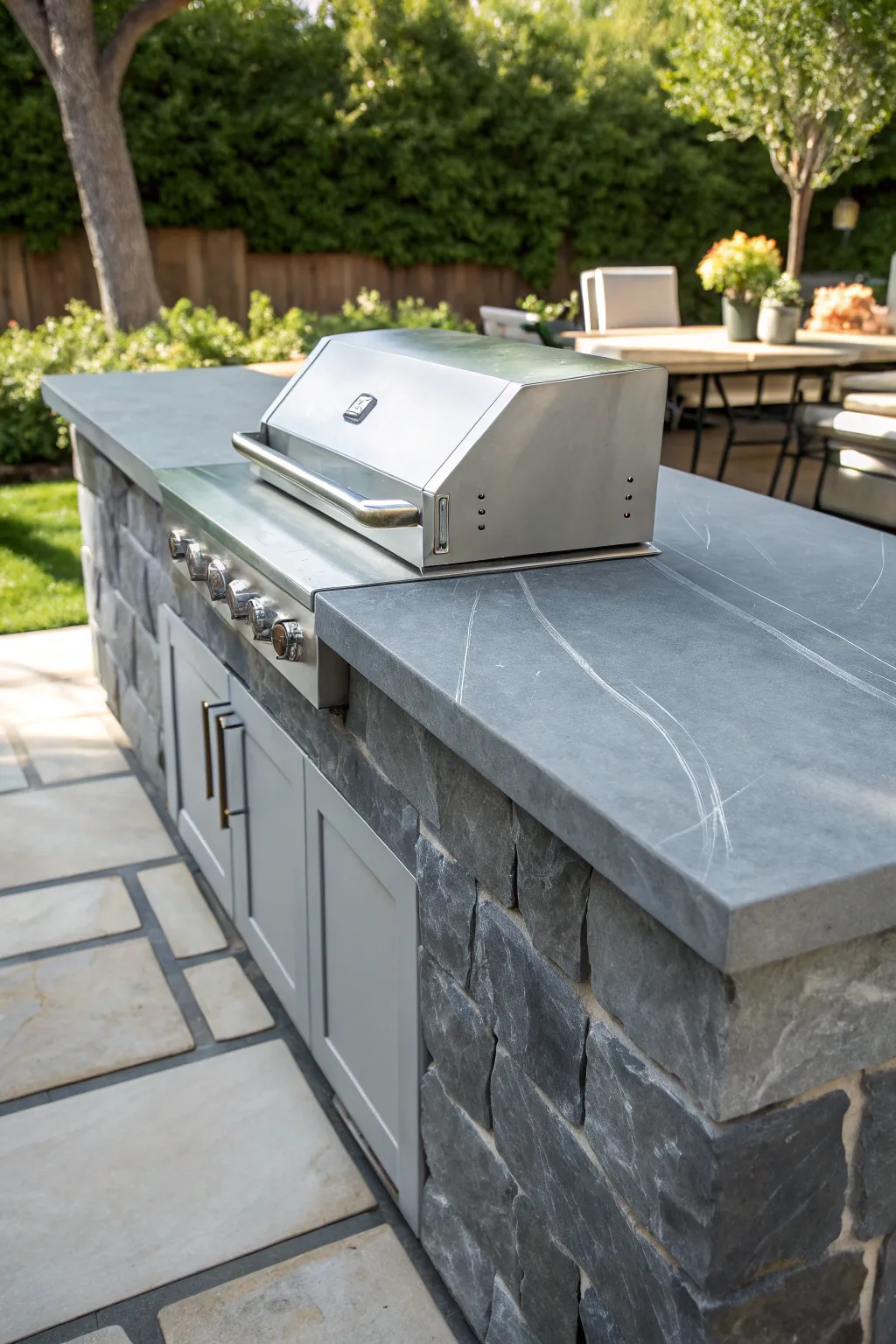 Embrace timeless elegance with a soapstone grill countertop that ages with grace.