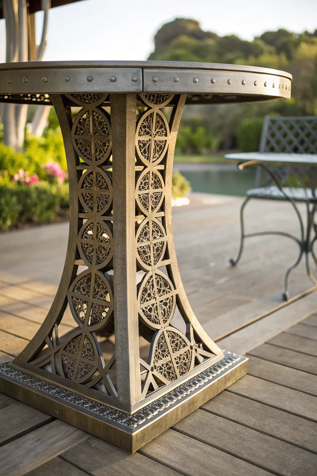 Discover the elegance of industrial chic with this intricately designed metal table base, perfect for your outdoor oasis.
