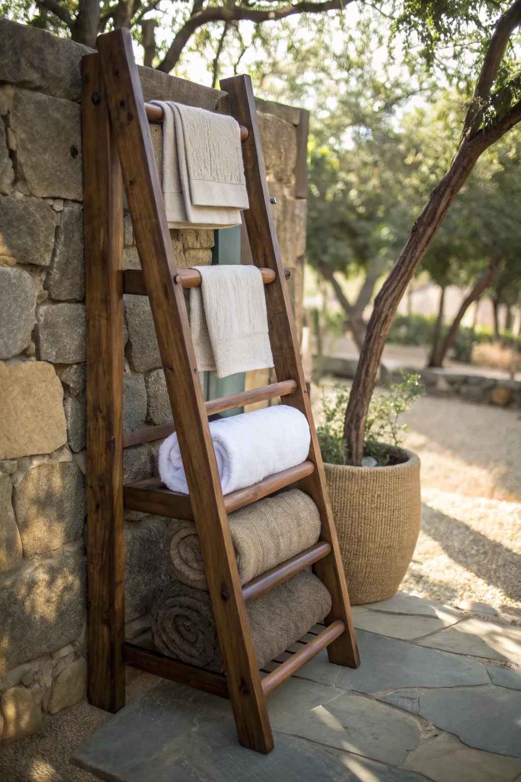 Elevate your outdoor space with a handcrafted multi-level towel rack, perfect for the discerning host.