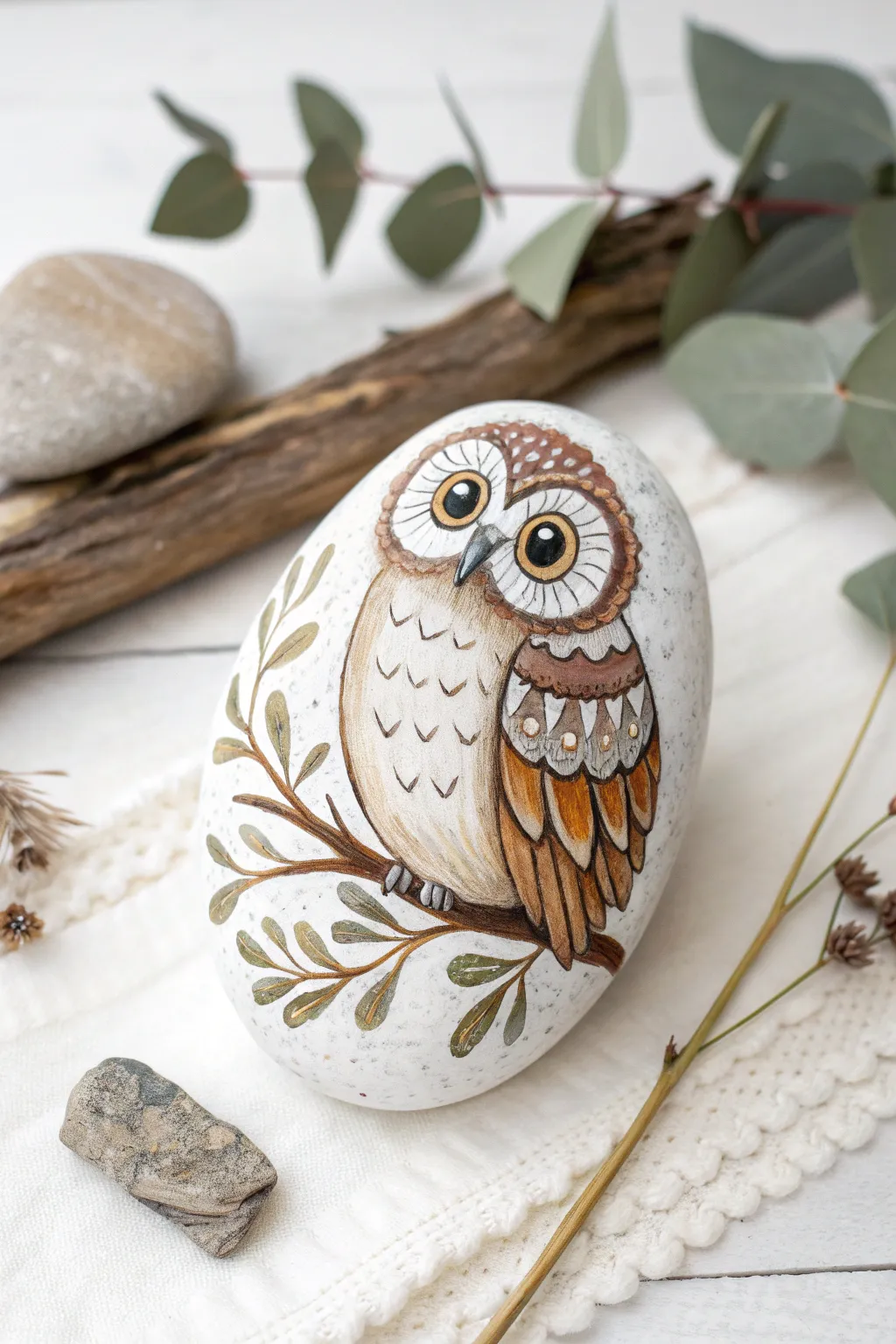 Add a touch of wisdom and whimsy to your decor with this charming owl rock painting.
