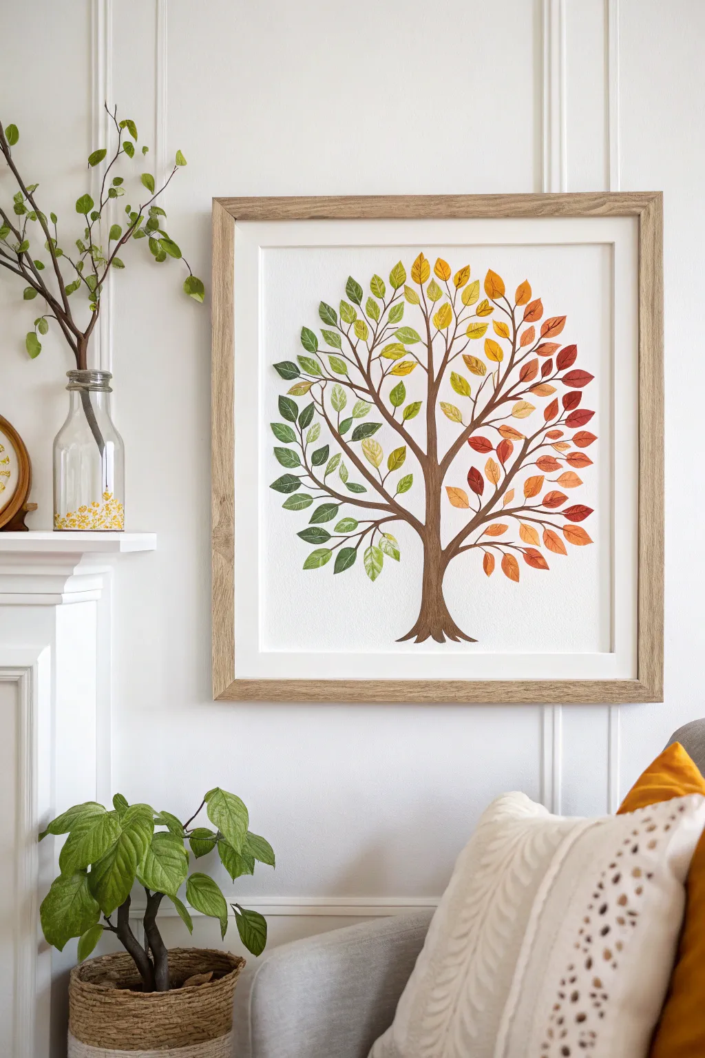 Bring nature indoors with a Scandinavian-inspired Tree of Life, crafted from vibrant paint chip leaves that evolve with the seasons.