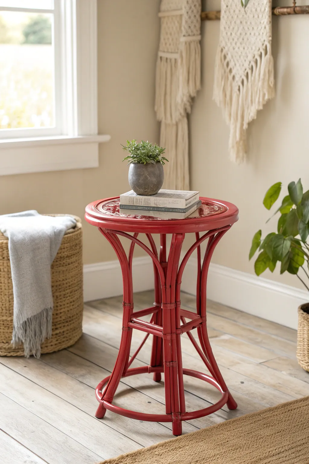 Add a pop of color and charm with this red bamboo side table, perfect for your minimalist haven.