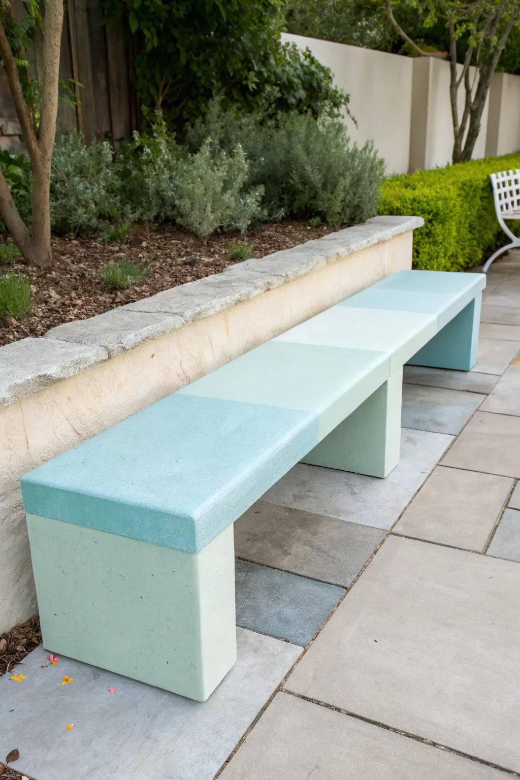 Experience the serene charm of understated elegance with this pastel-painted concrete bench.