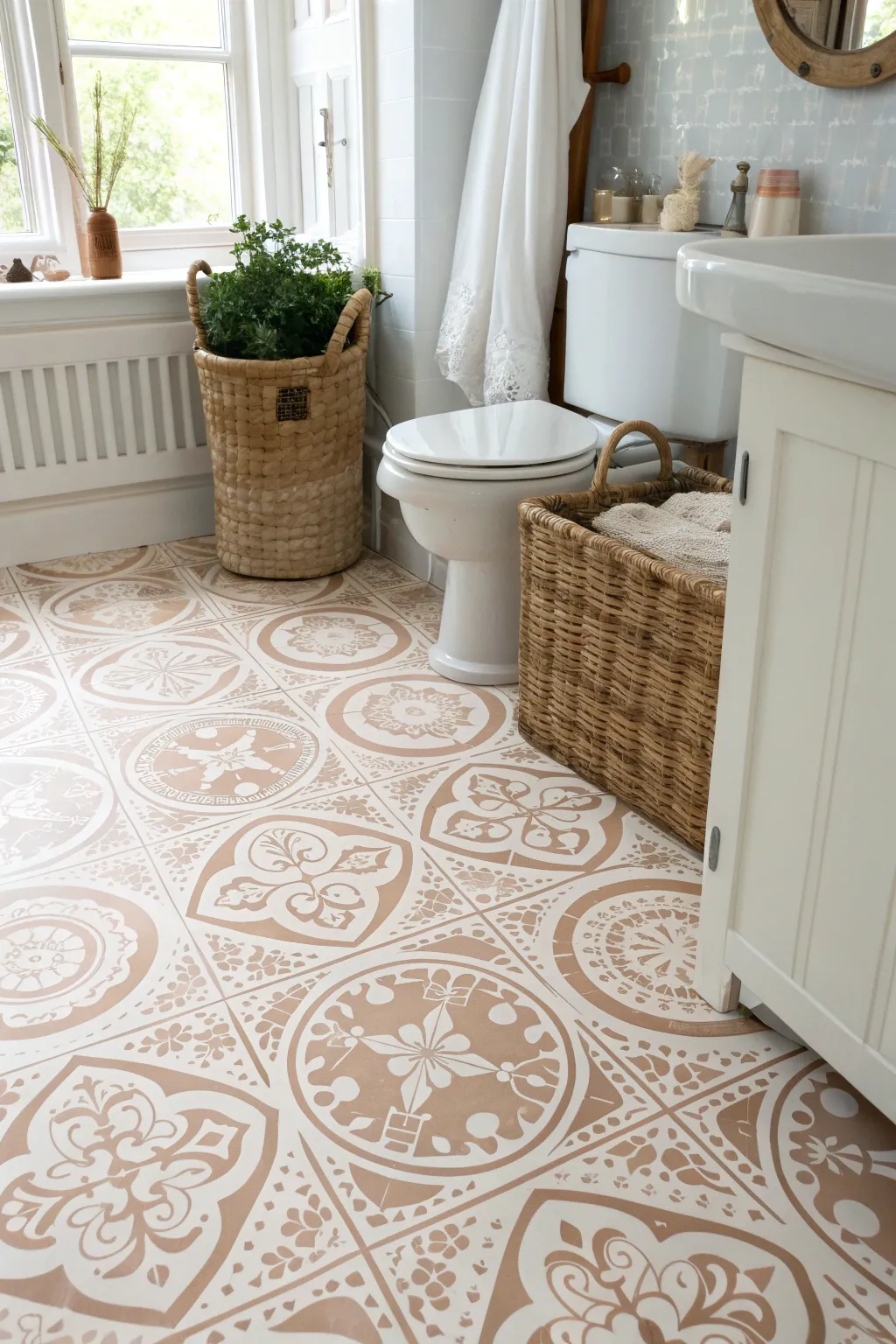 Transform your space into a sanctuary with delicate stenciled floor art.