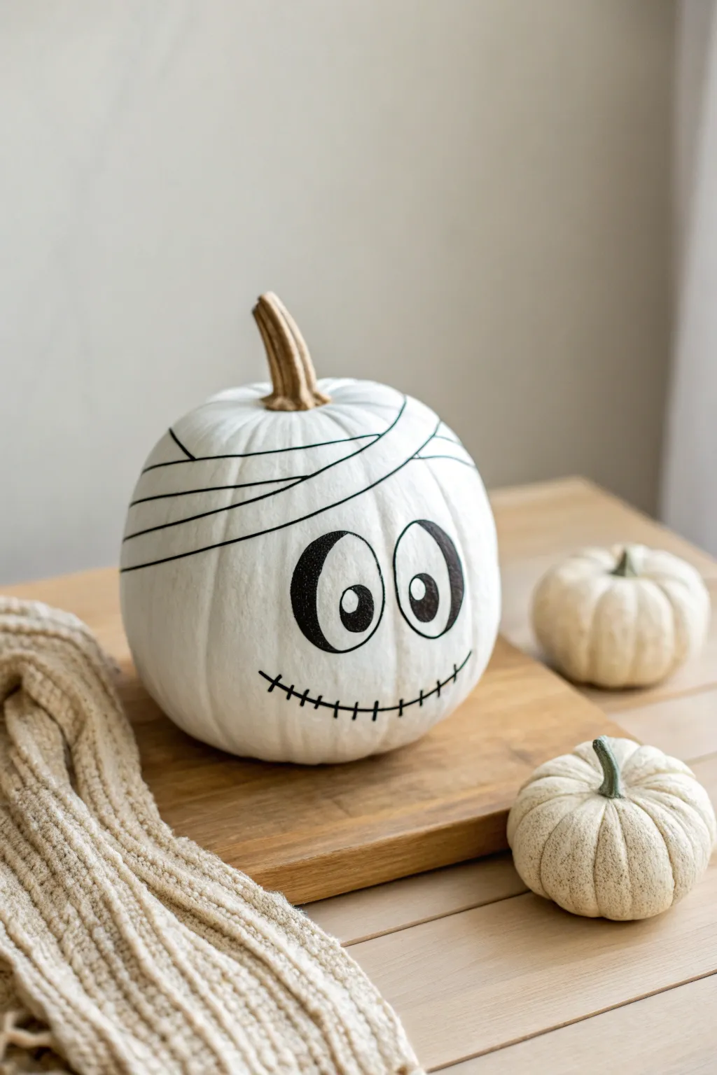 Add a playful twist to your Halloween decor with this charming cartoon-eyed mummy pumpkin!