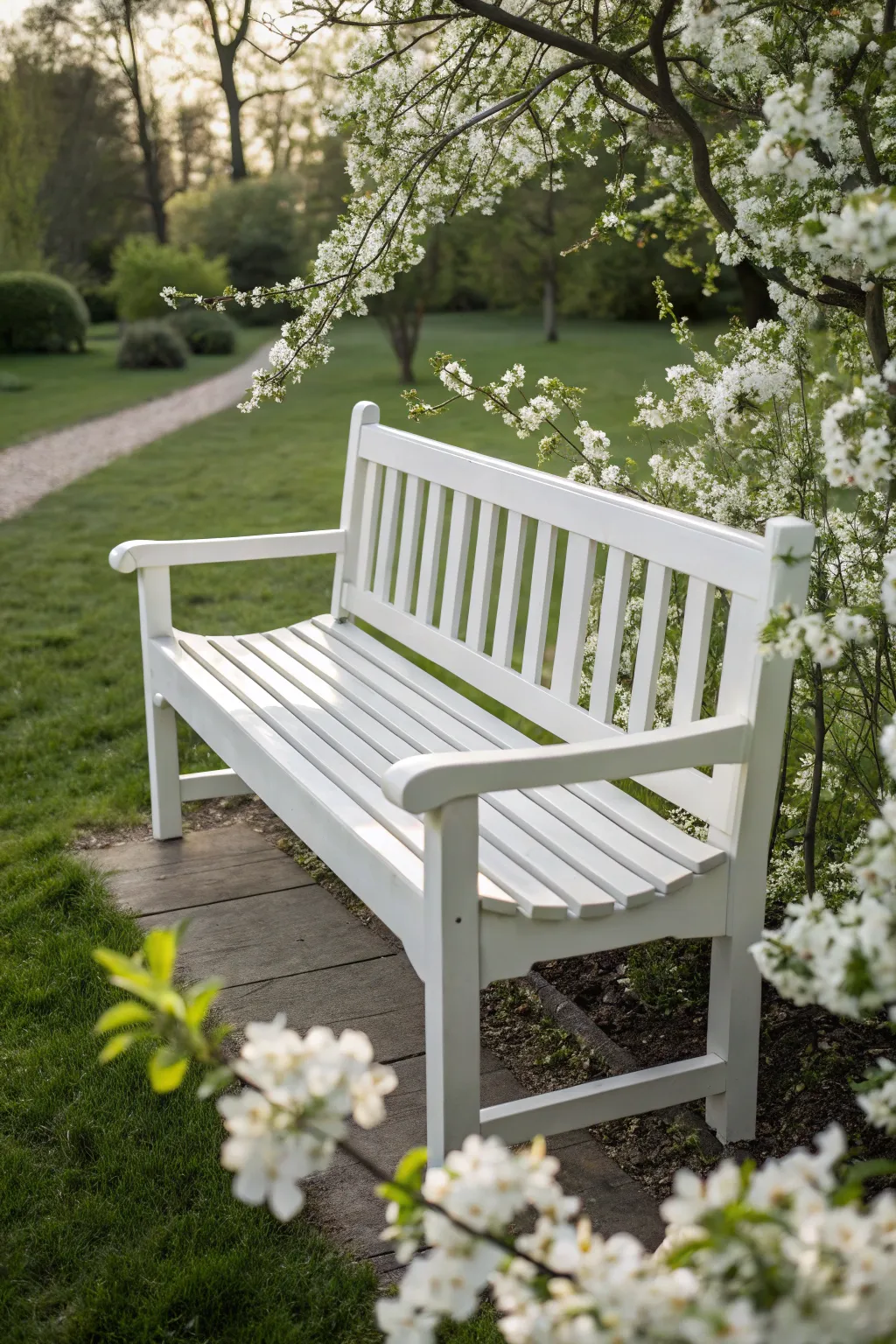 Embrace timeless elegance with a classic white bench, perfect for any garden oasis.