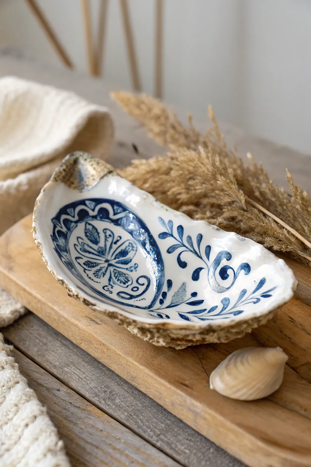 Discover the timeless elegance of blue and white pottery-inspired oyster shells, a perfect blend of Scandinavian simplicity and boho charm.