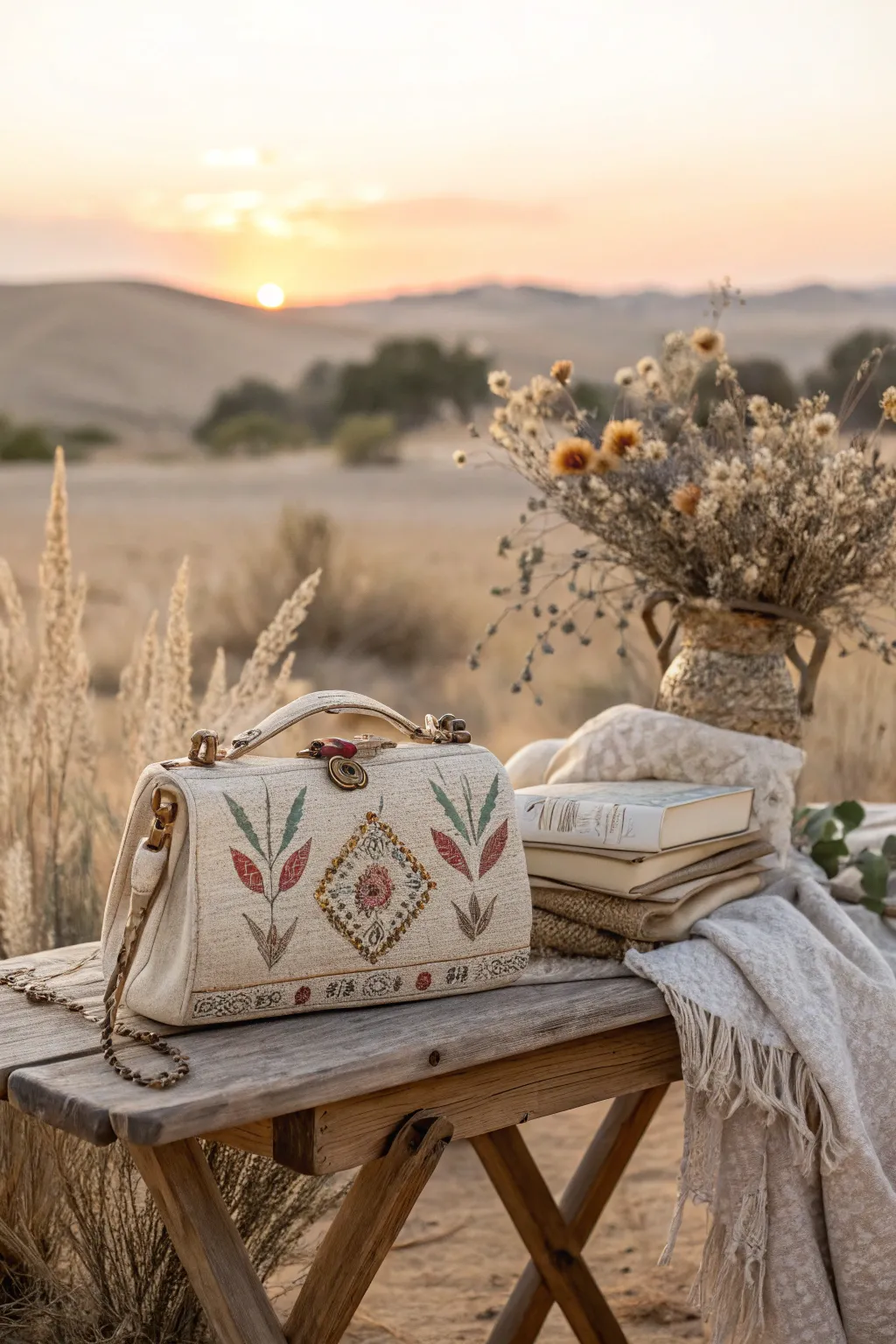 Carry the serenity of a sunset with you—artistry meets elegance in this hand-painted landscape purse.