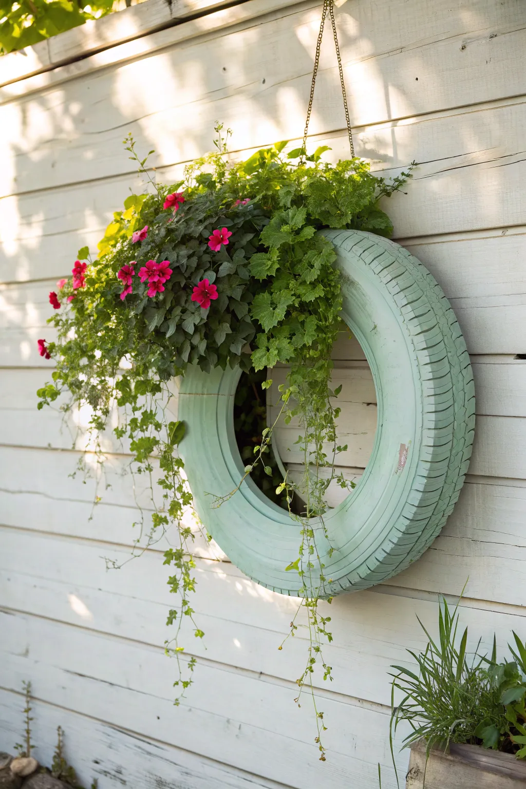 Transform your walls into a lush oasis with a charming tire planter.