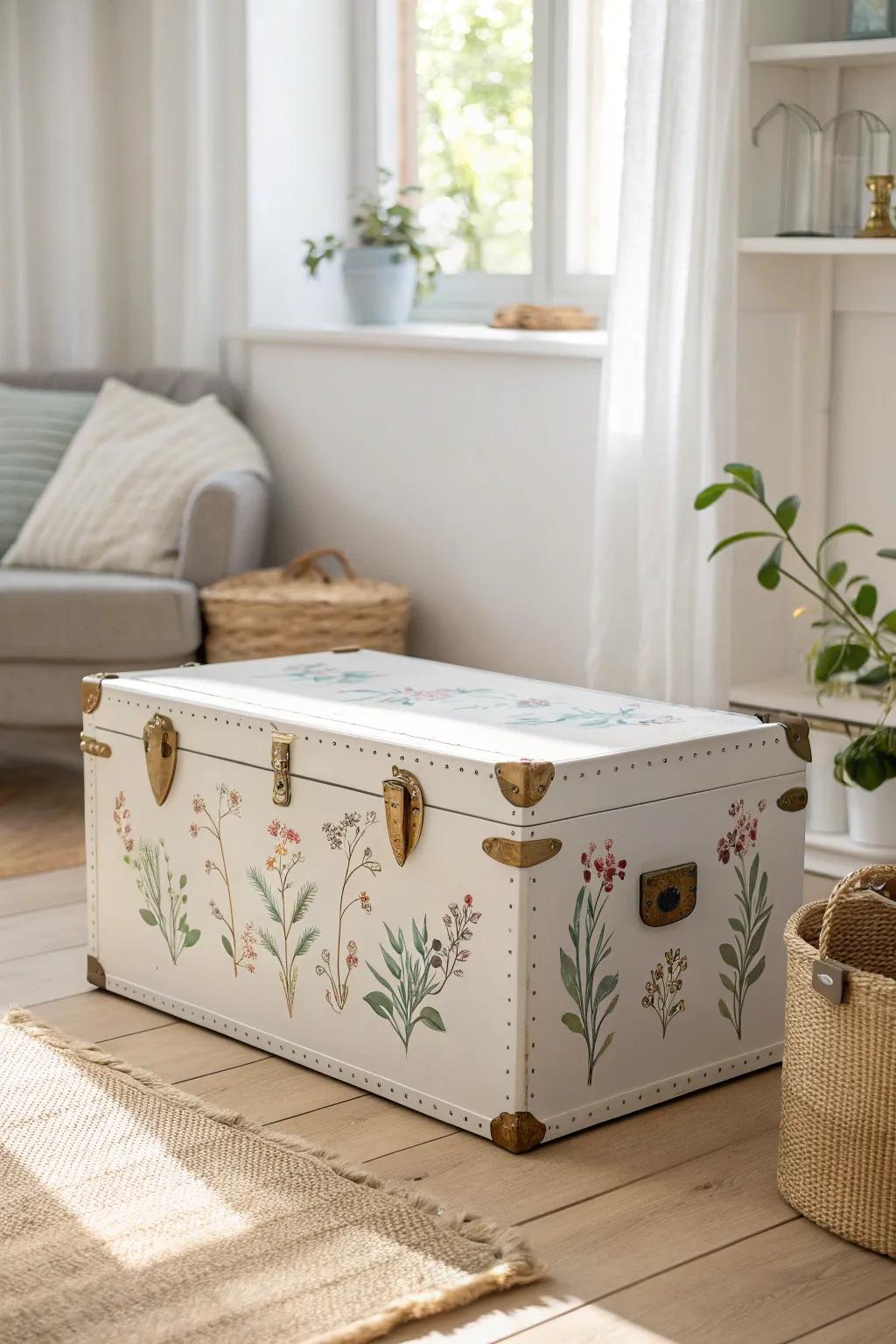 Transform your space with a touch of artistry: A stenciled floral trunk for elegance and simplicity.