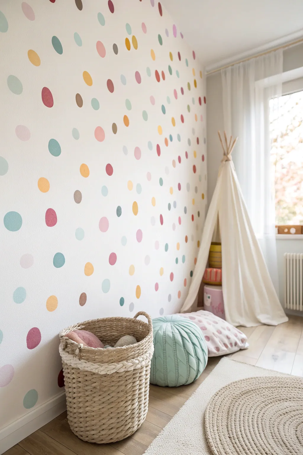 Add a splash of fun with playful polka dots in soothing pastels, perfect for a cozy and stylish playroom.