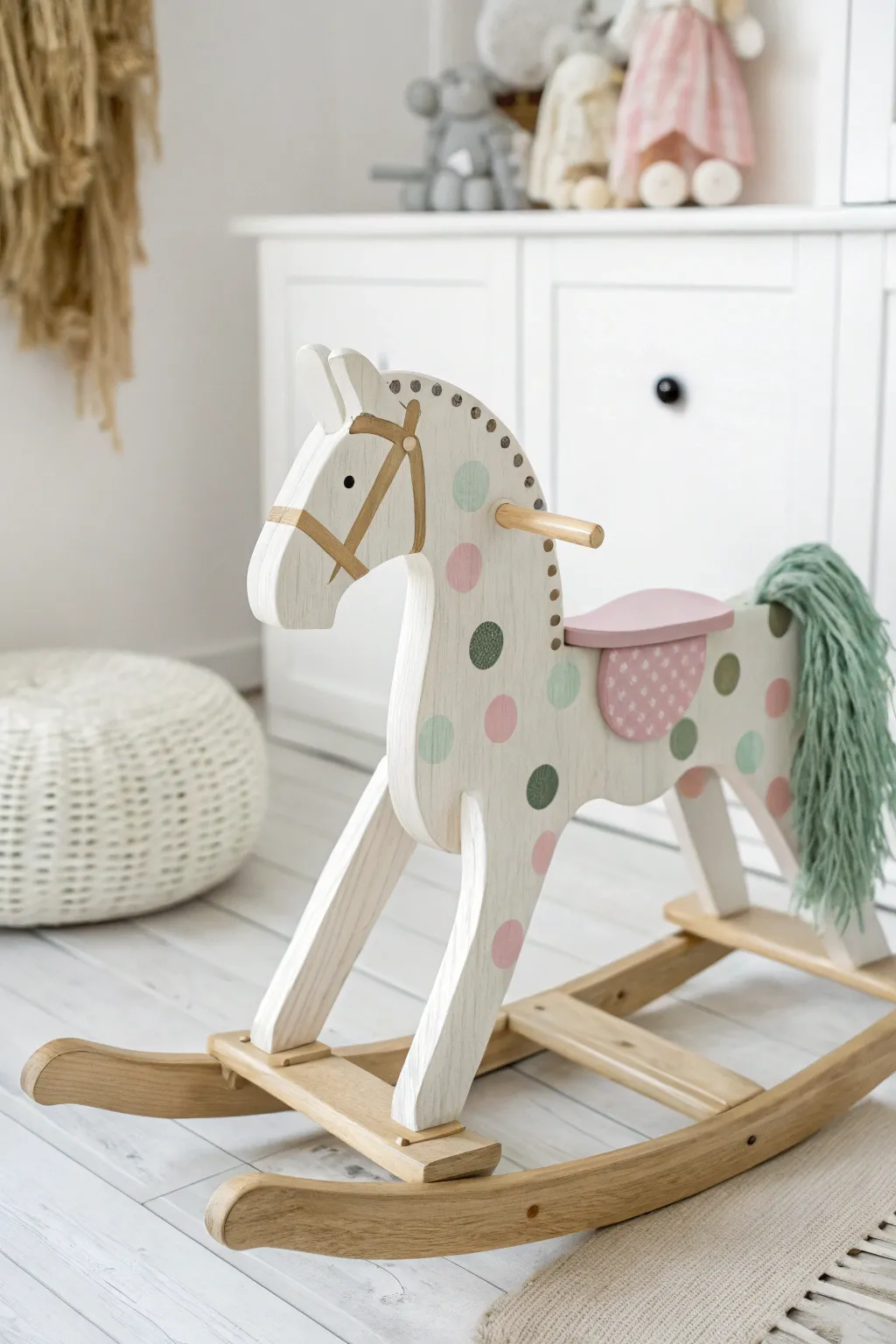 Embrace whimsy and elegance with this charming polka-dot rocking horse, where craftsmanship meets playful design.