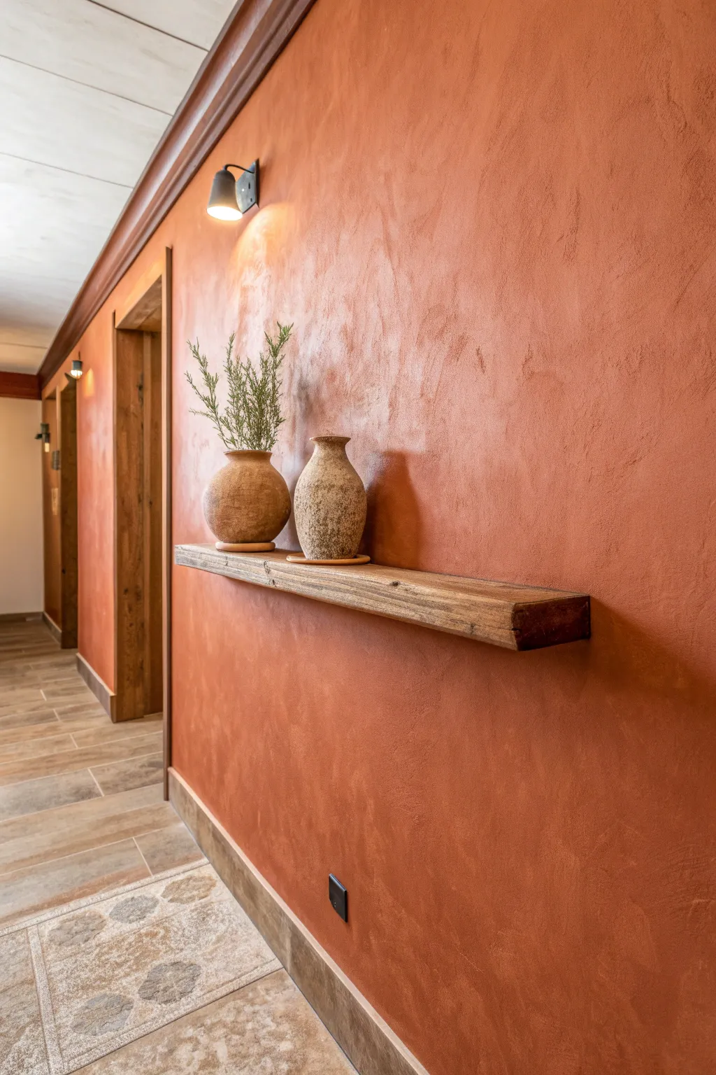 Embrace warmth and craftsmanship with terracotta walls and natural wood accents.