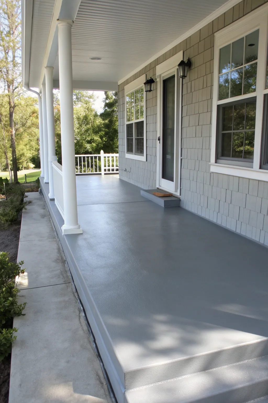 Embrace the elegance of muted monochrome with a sophisticated gray concrete porch.