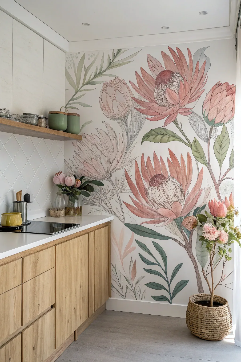 Transform your kitchen with a floral accent wall that blooms with beauty and joy.