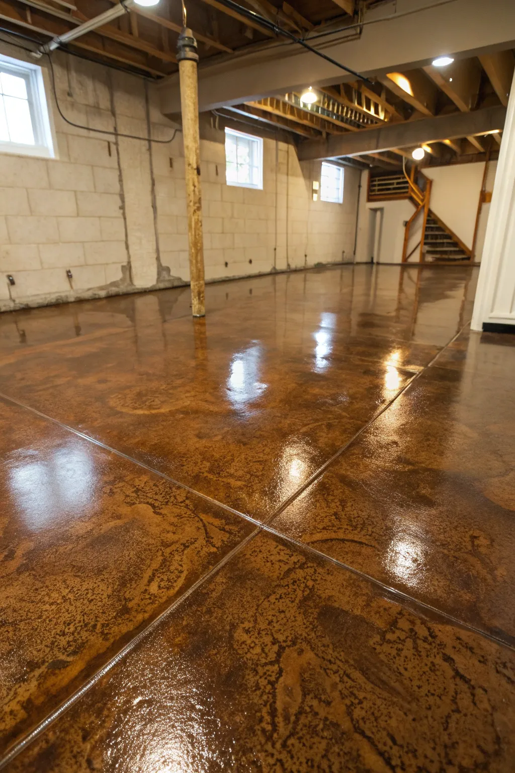 Transform your basement with the artistry of concrete stain magic.