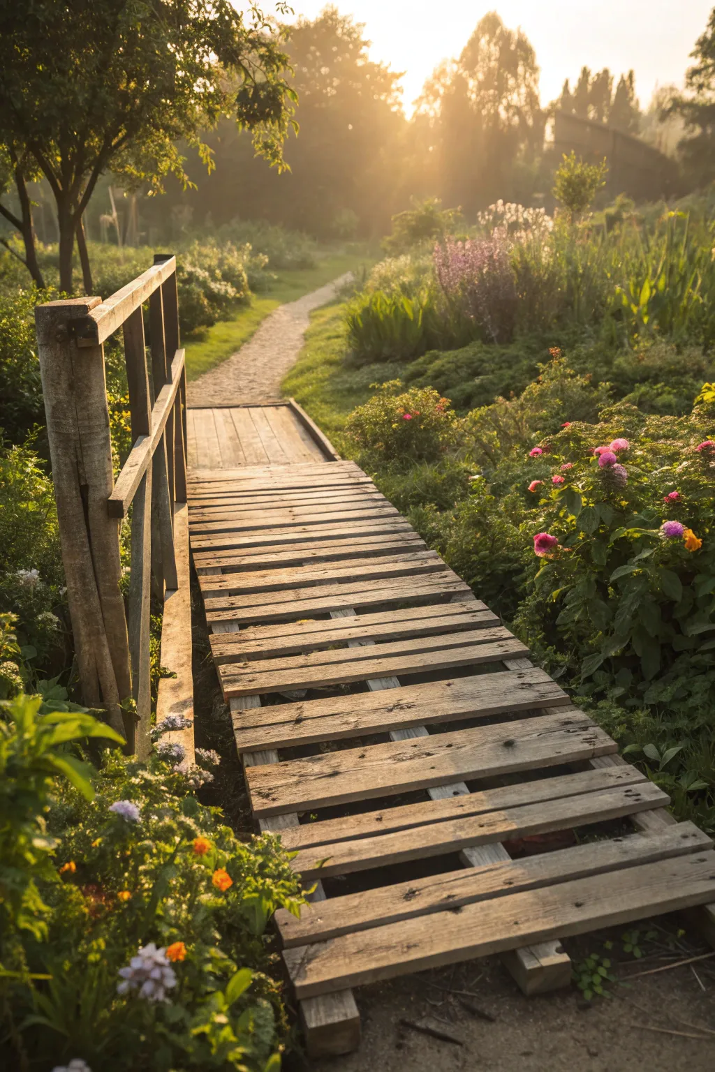 Elevate your garden's charm with a handcrafted pallet bridge, a passageway to tranquility.