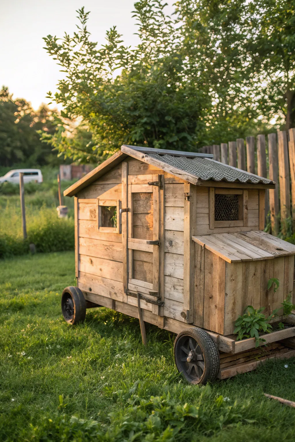 Roll into sustainability with this mobile pallet chicken coop, blending rustic charm and practicality.