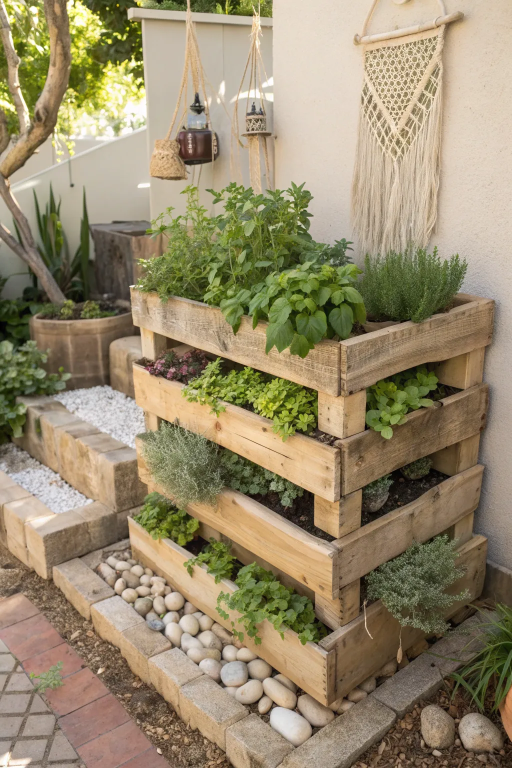 Elevate your green thumb with this tiered pallet herb garden masterpiece—where minimalist design meets boho charm. 🌿✨