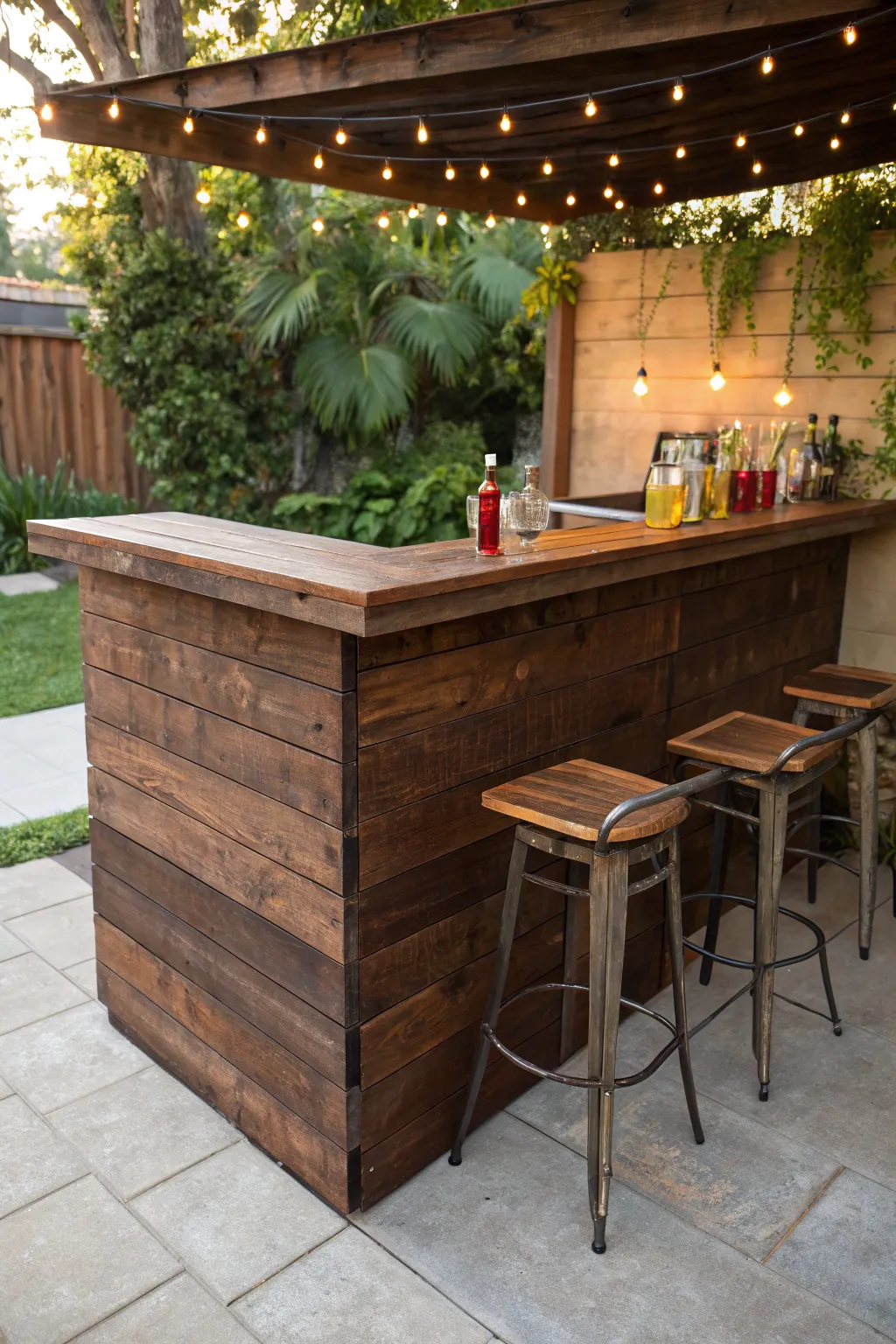 Elevate your patio with this handcrafted L-shaped pallet bar—perfect for intimate gatherings and stylish outdoor entertaining.