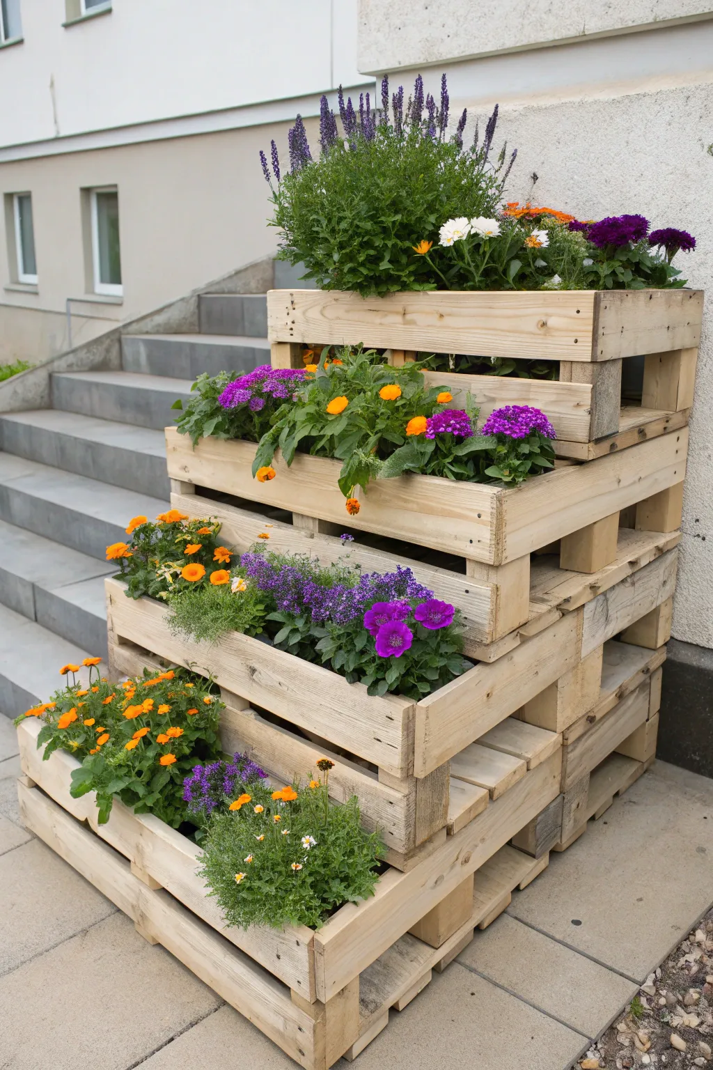 Elevate your garden's charm with a tiered flower bed crafted from rustic pallets, perfect for showcasing vibrant blooms in a Scandinavian minimalist style.