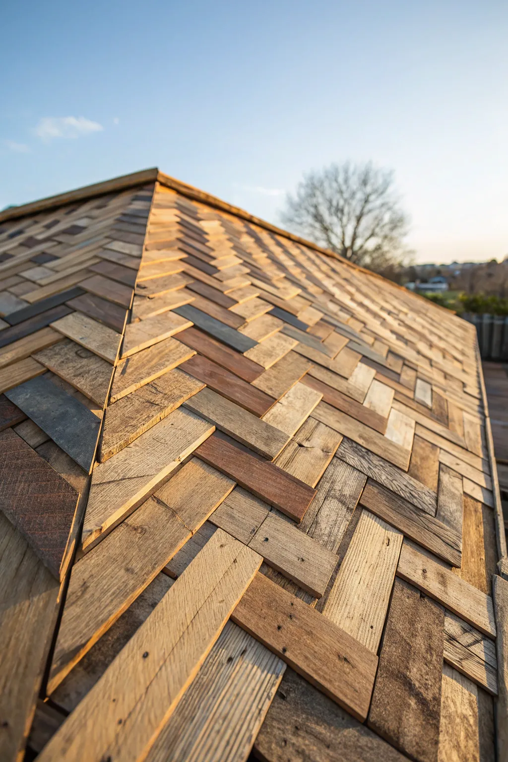 Elevate your style with a herringbone pallet roof – where craftsmanship meets creativity.