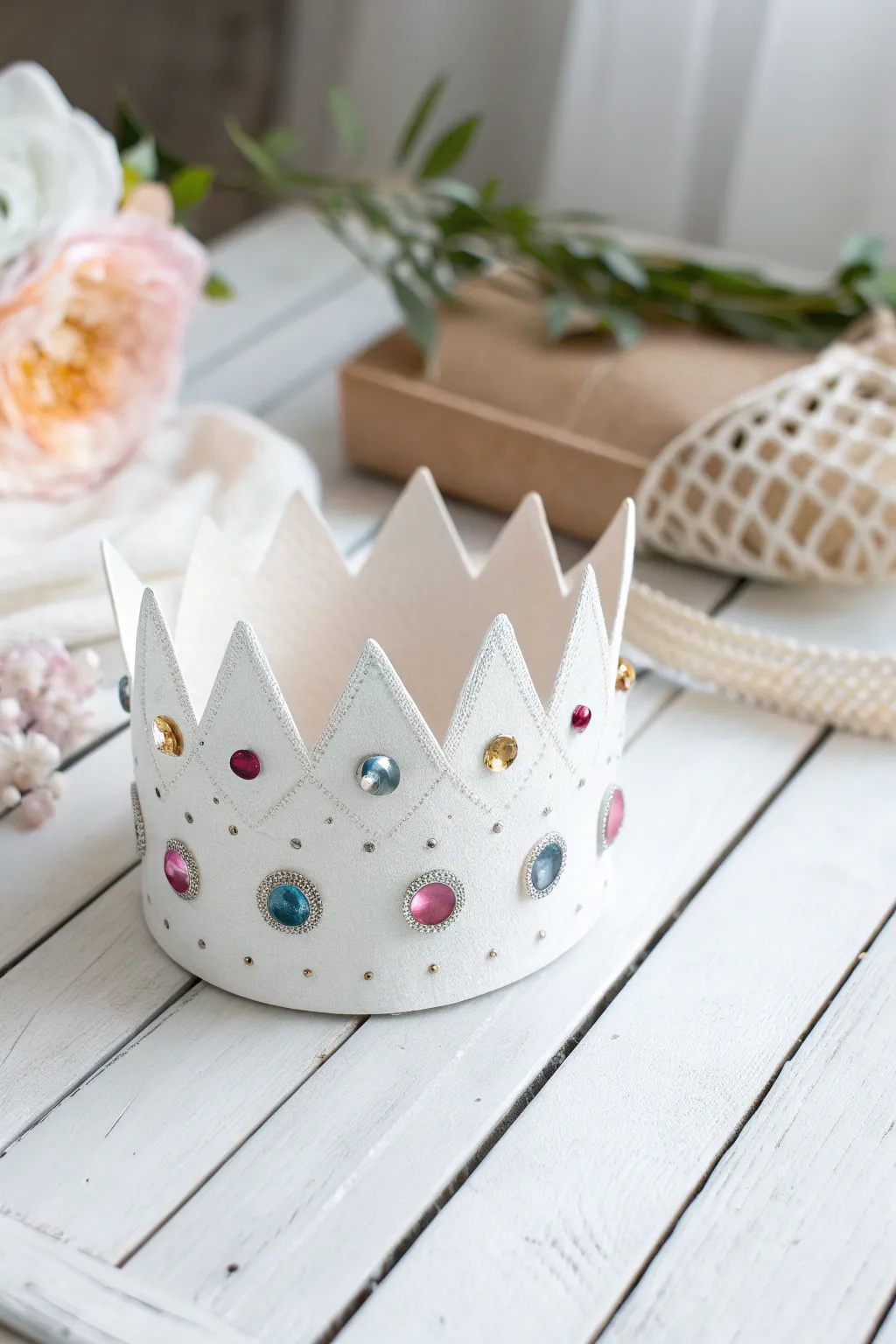 Feel like royalty with this beautifully adorned paper crown, the perfect blend of minimalist elegance and bohemian charm.