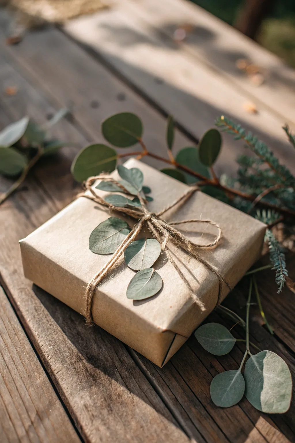 Elevate your gift-giving with natural beauty: a minimalist touch with leaves and twine.
