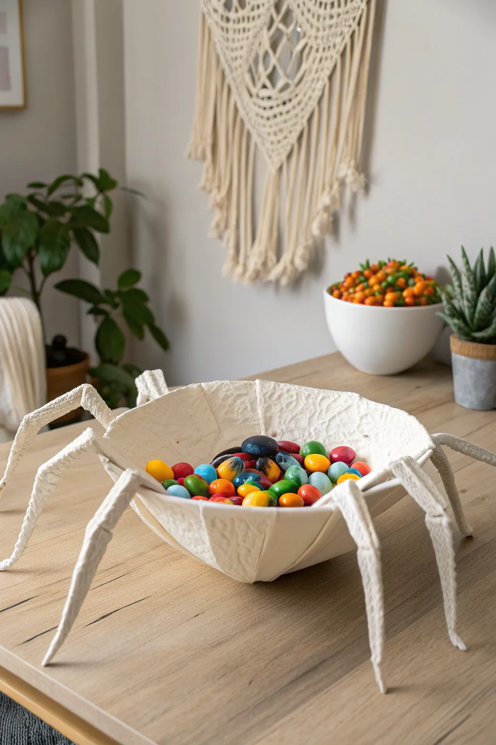 Elevate your Halloween decor with this charming paper mache spider bowl, perfect for a touch of whimsy and elegance.