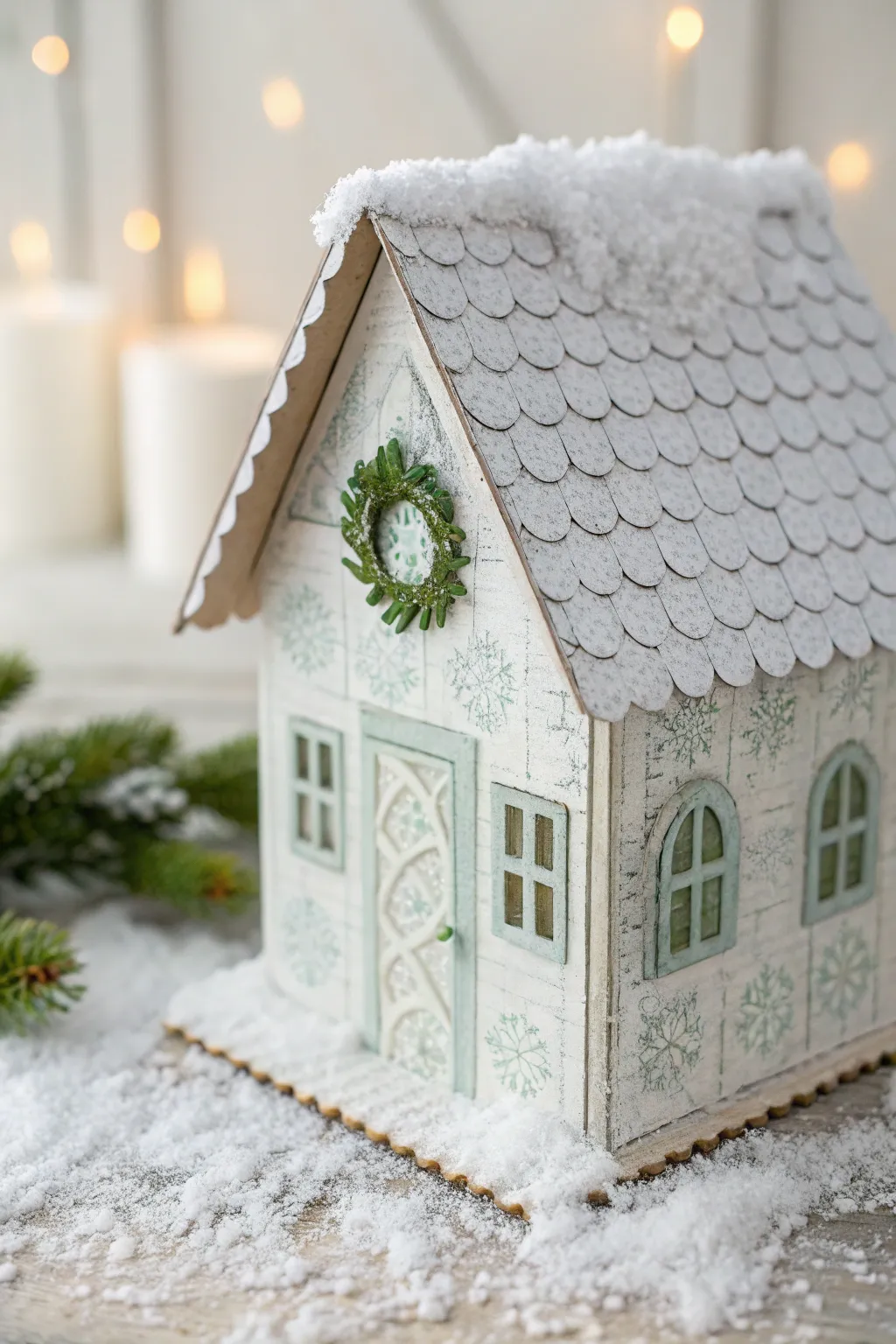 Step into a serene winter wonderland with this charming paper mache creation!