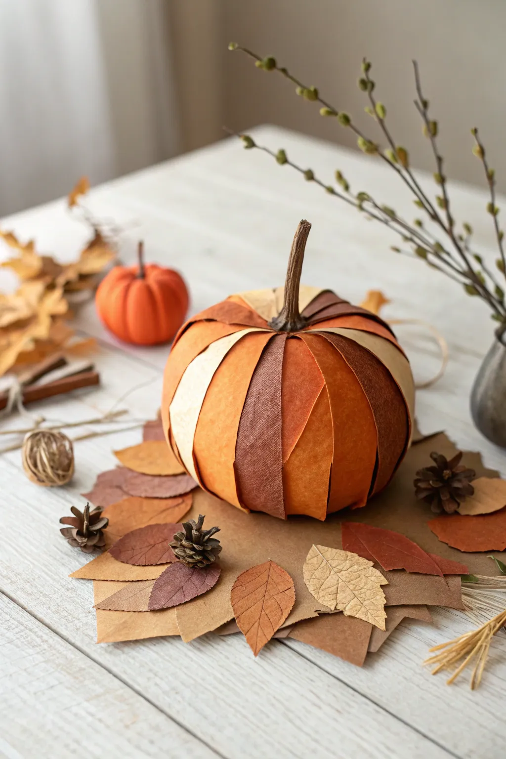 Craft your own cozy autumn charm with a torn paper pumpkin, celebrating simplicity and creativity.