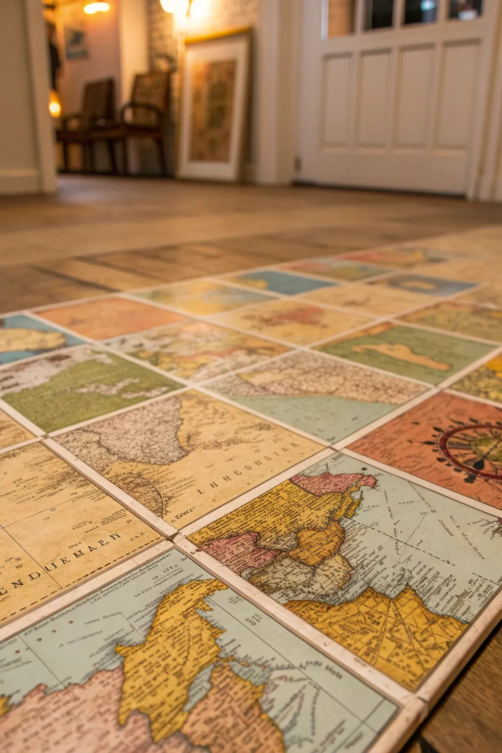 Transform your space with vintage map decoupage flooring—where craftsmanship meets creativity.