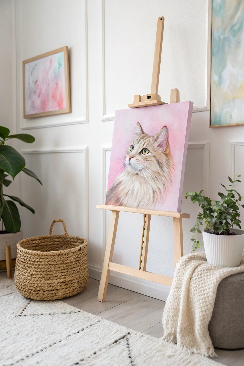 Capture the whimsical charm of your pet with pastel portraits that add a touch of playful elegance to your space.
