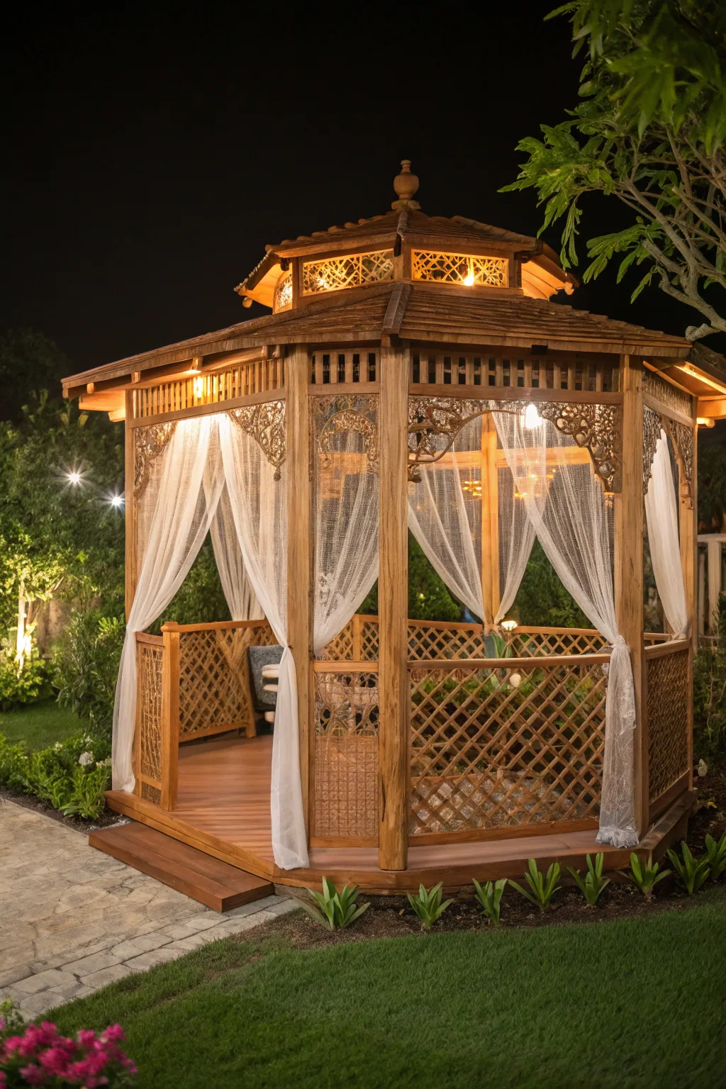 Discover serenity in your own backyard with a beautifully enclosed gazebo retreat.