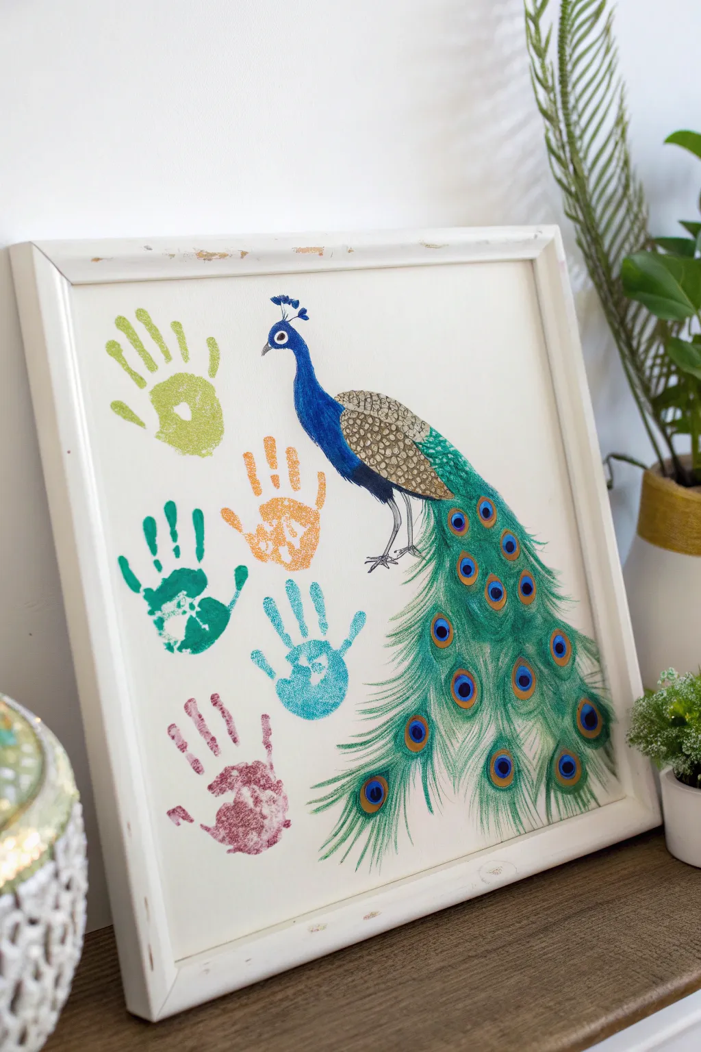 Capture the charm of creativity with this delightful handprint peacock art, a blend of playful fun and minimalist elegance.