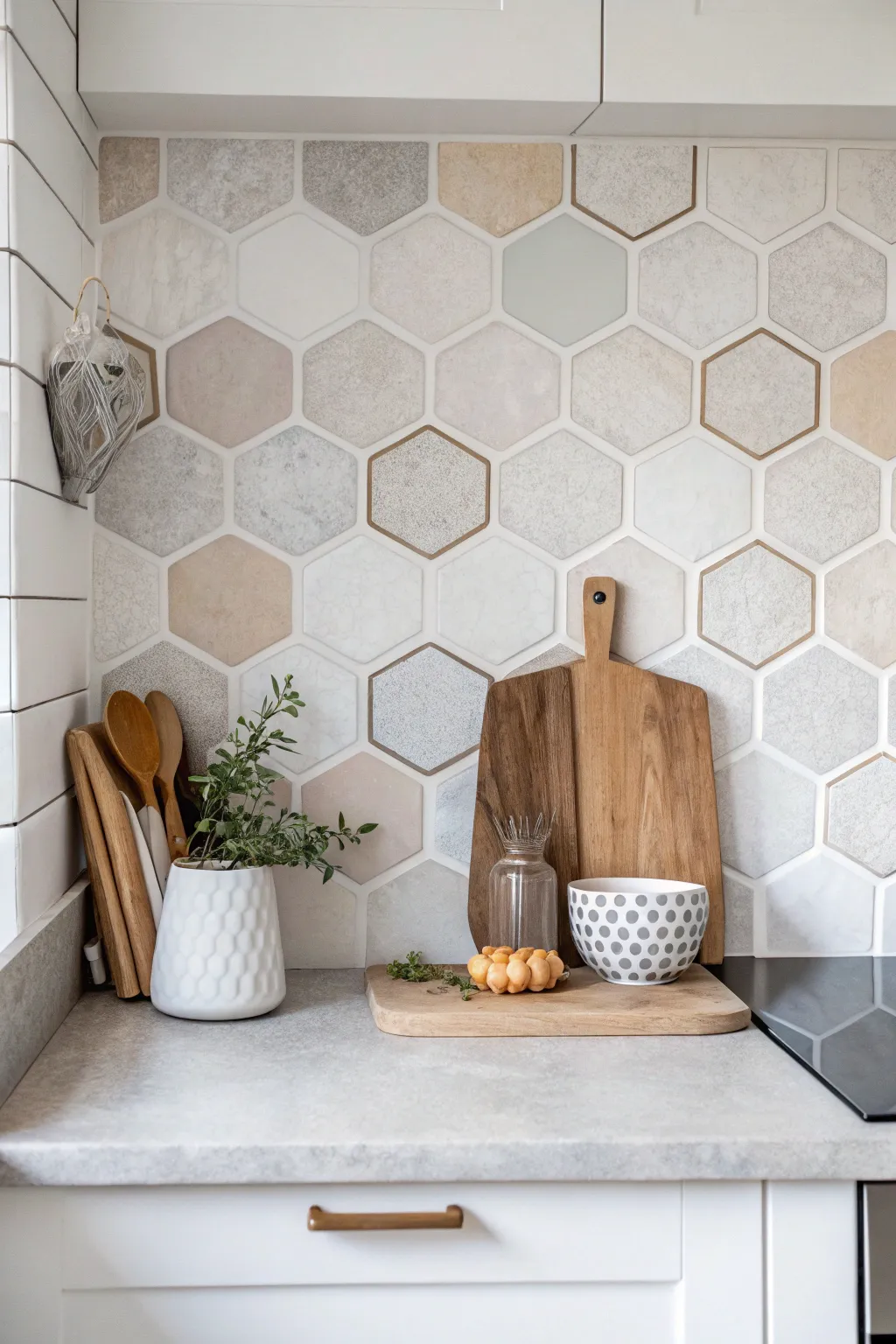 Transform your kitchen with hexagonal charm: where minimalist meets modern elegance.