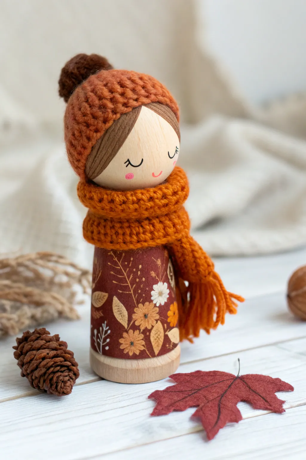 Embrace the autumn spirit with a charming handcrafted peg doll dressed in seasonal hues.