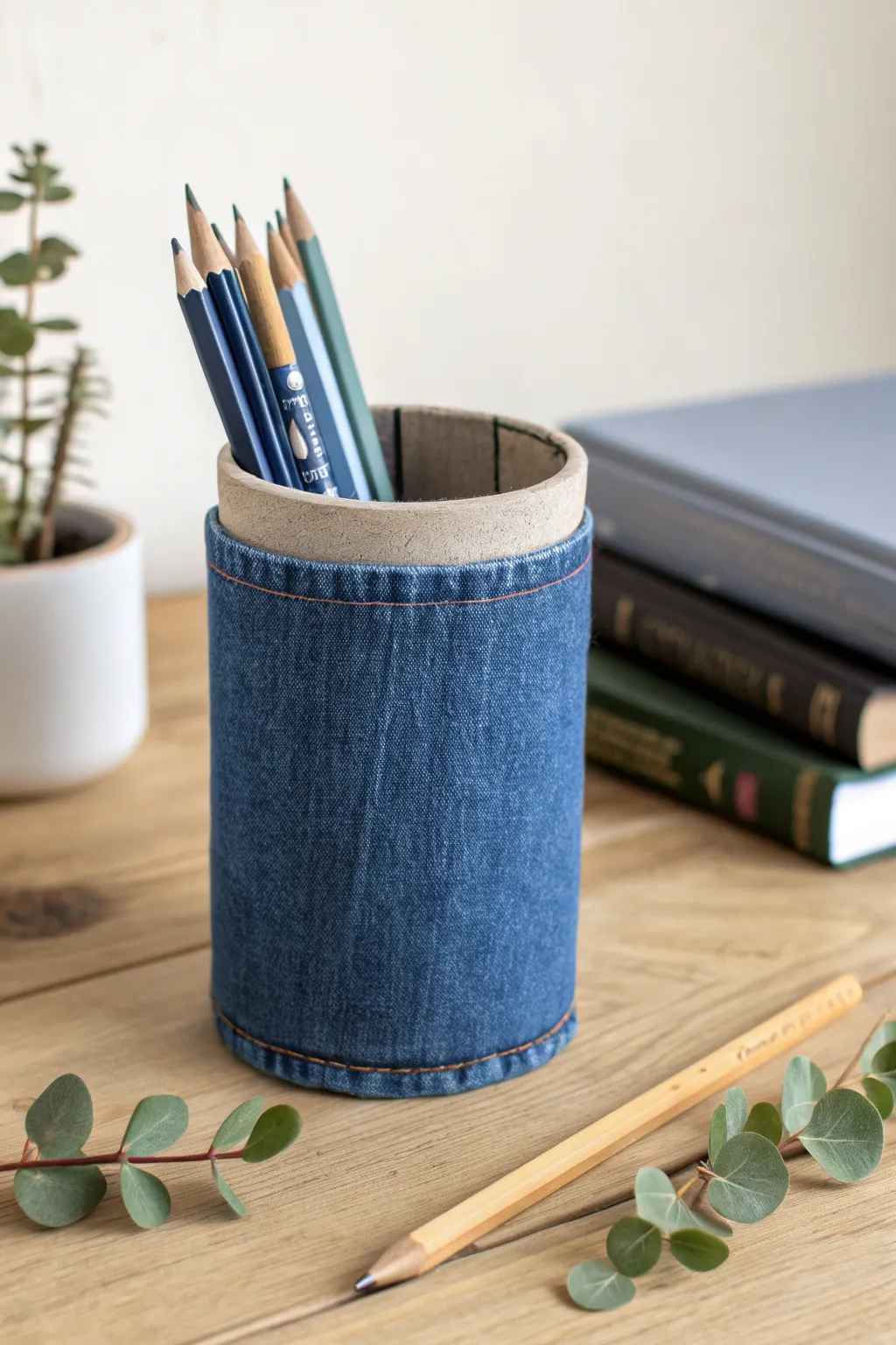 Discover the beauty of simplicity with this denim-wrapped pencil holder. Perfectly minimalist with a boho touch.