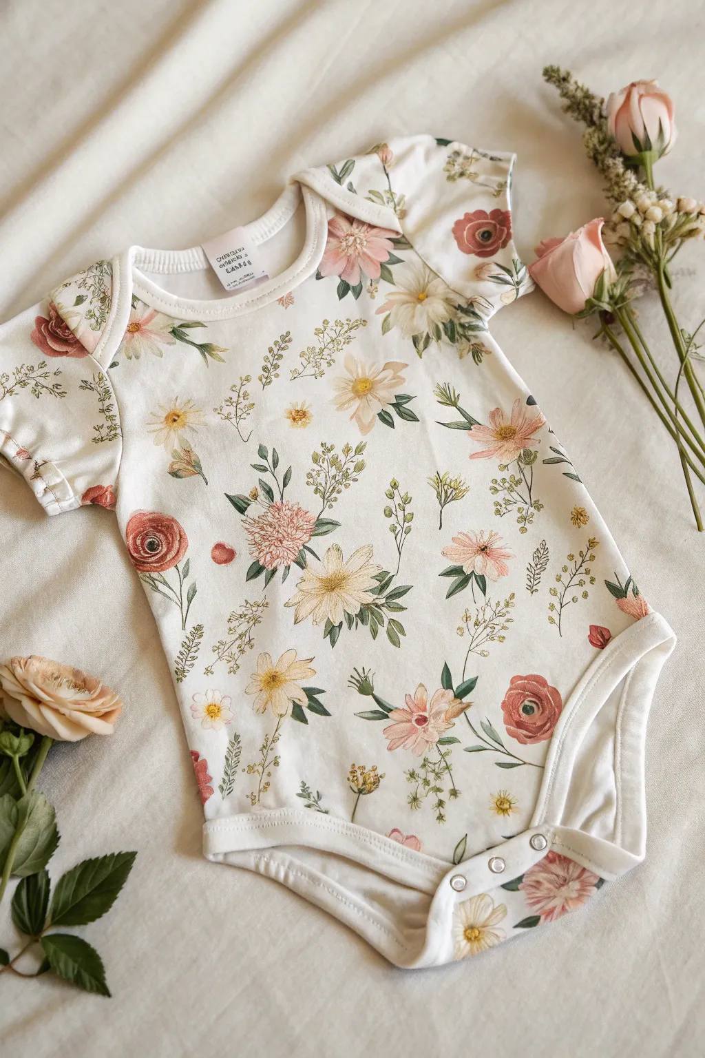 Embrace the charm of floral fantasy with this beautifully crafted baby girl onesie, perfect for a touch of whimsy.