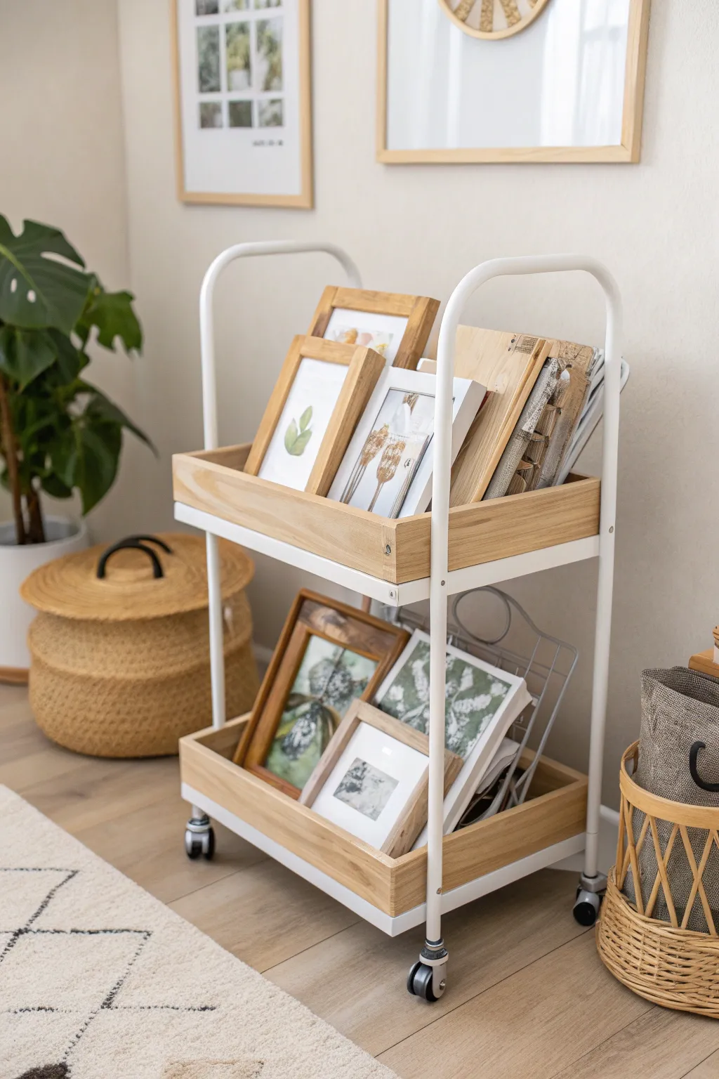 Effortlessly stylish and versatile: a rolling cart that brings your picture frames to any corner of your home.