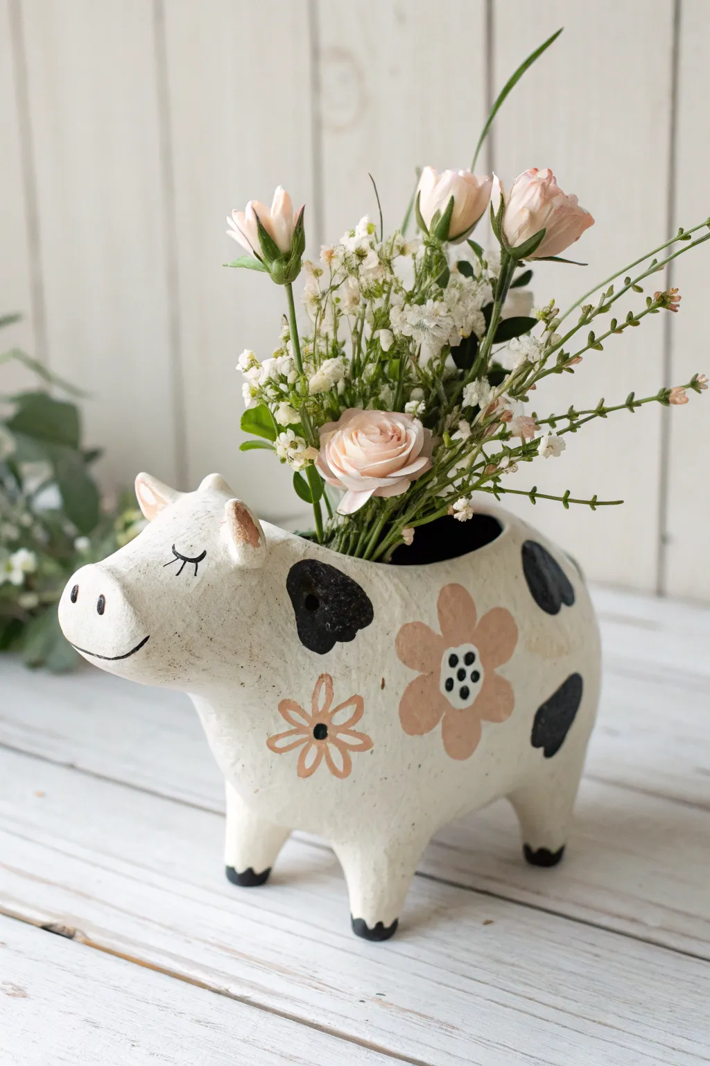 Elegance in Craft: A charming cow pot with floral accents that blends minimalist design with boho beauty.
