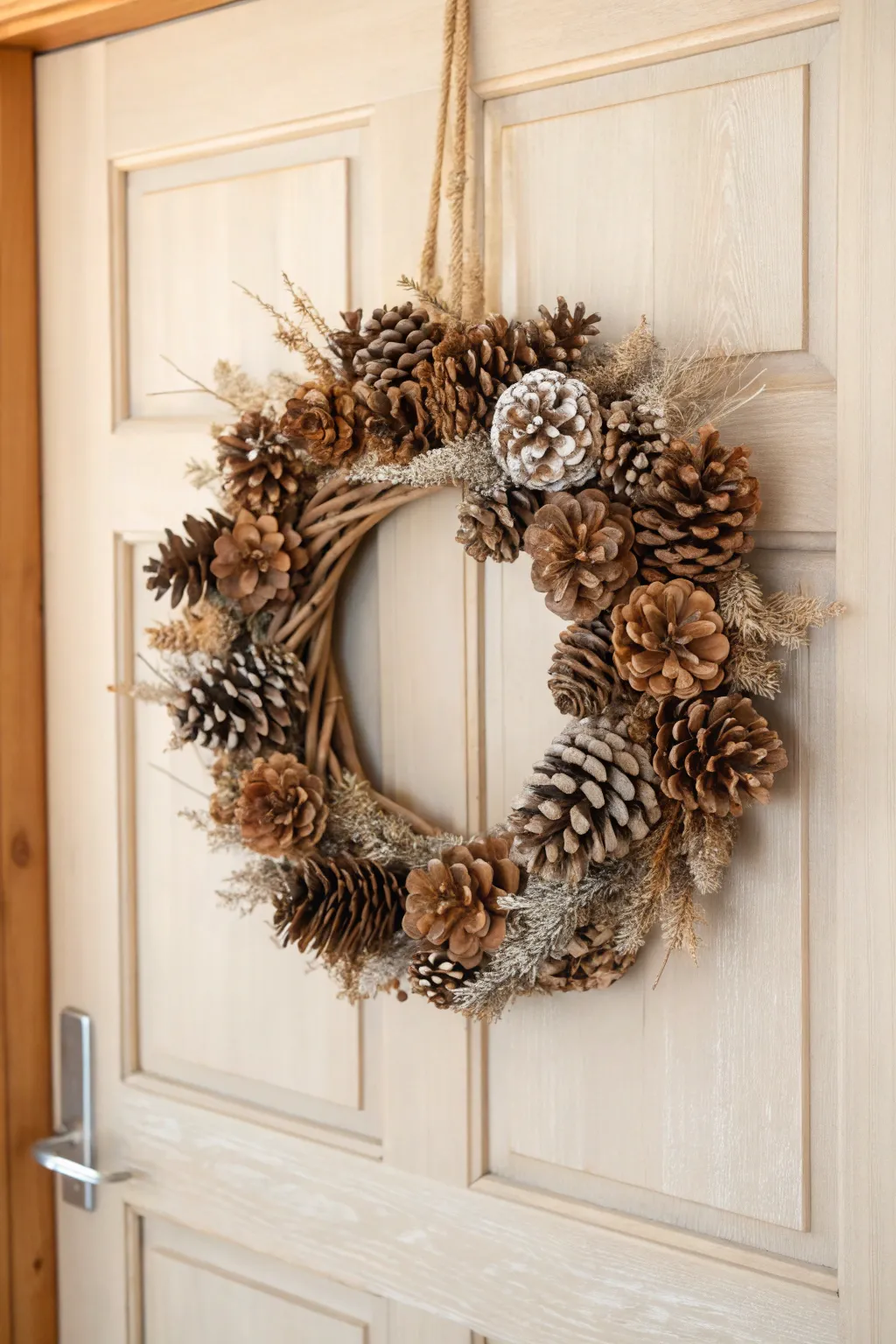Welcome guests with the rustic charm of a handmade pine cone wreath—a perfect blend of nature and simplicity for your home entrance.