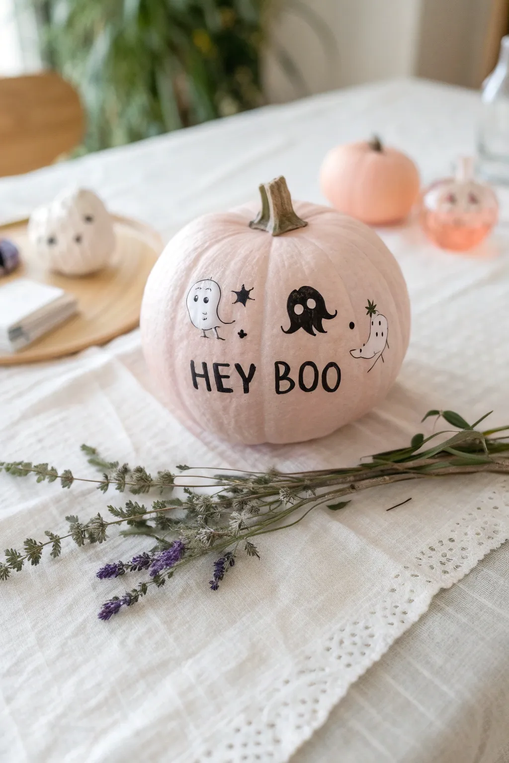 Elevate your autumn decor with charming decals on pink pumpkins—simple elegance with a playful twist!