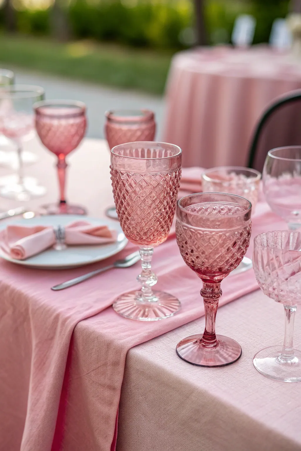 Chic pink-tinted glassware to complete the look.