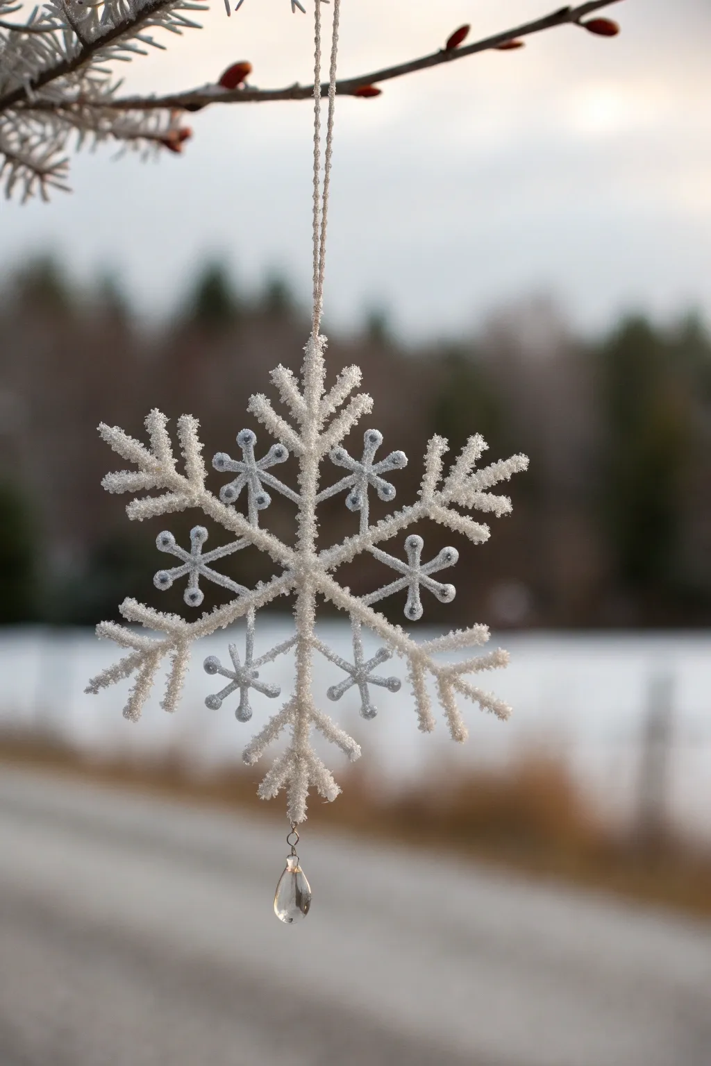 Capture the frosty elegance of winter with this handcrafted pipe cleaner snowflake ornament.
